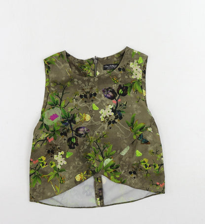 Miss Selfridge Womens Green Floral Polyester Cropped Blouse Size 6 Round Neck