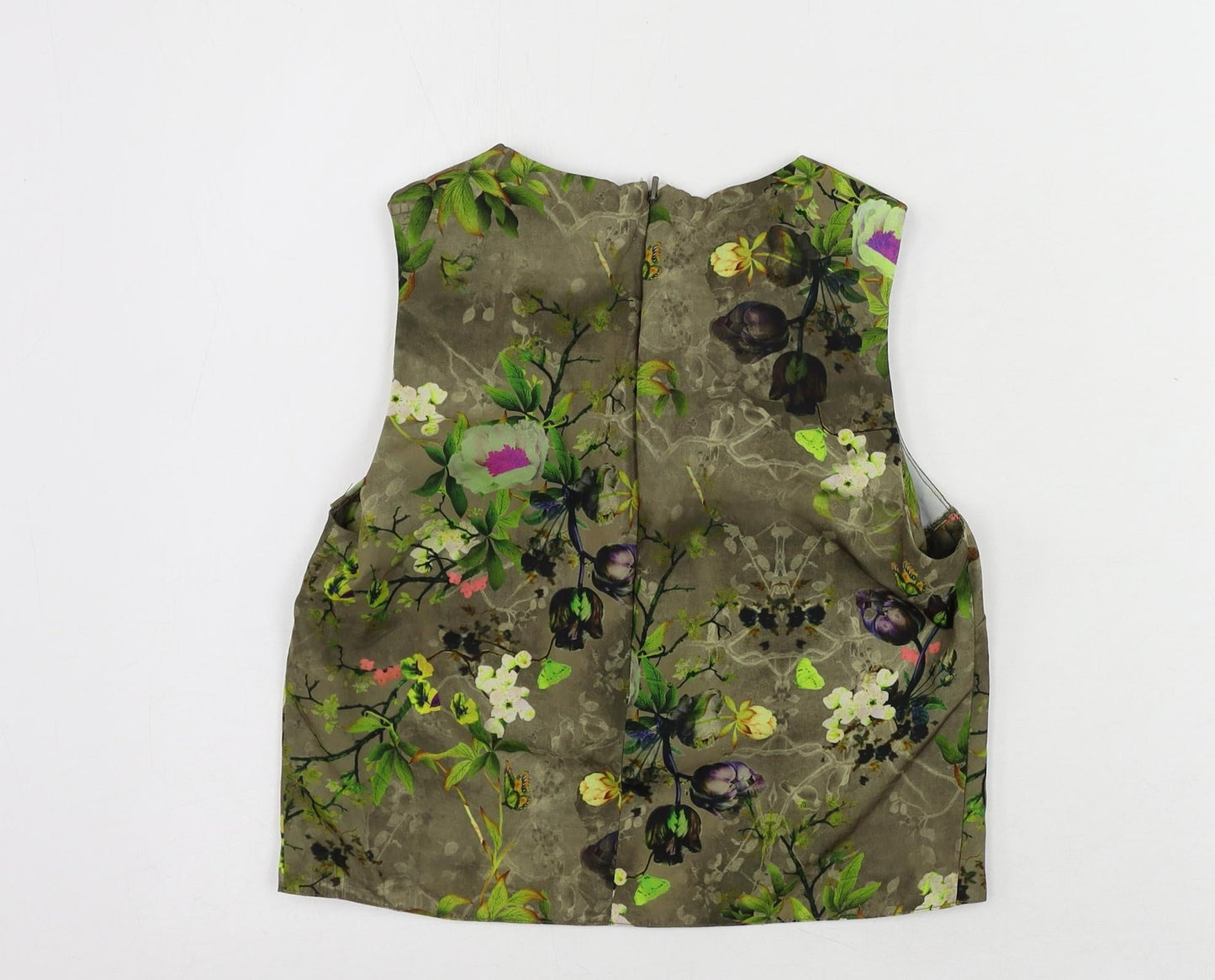 Miss Selfridge Womens Green Floral Polyester Cropped Blouse Size 6 Round Neck