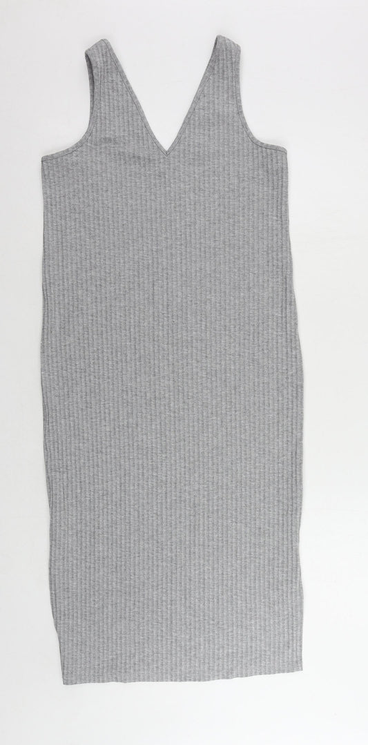 Marks and Spencer Womens Grey Polyester Tank Dress Size 8 V-Neck Pullover - Ribbed
