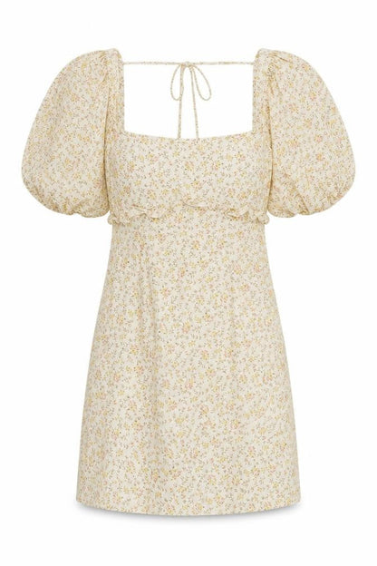 Topshop Womens Beige Floral Cotton Mini Size 10 Square Neck Zip - Puff Sleeve