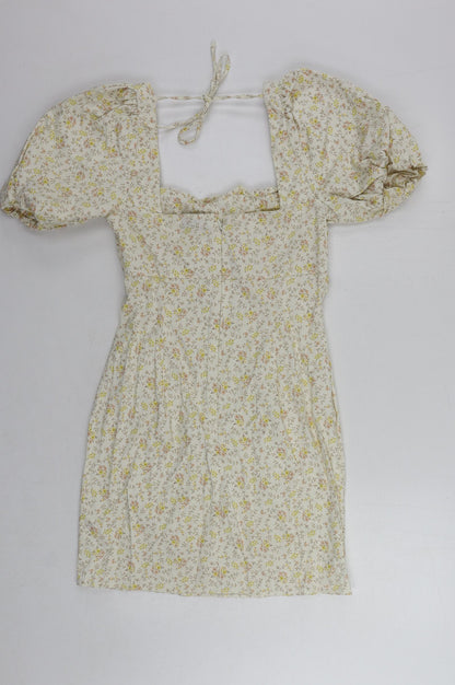 Topshop Womens Beige Floral Cotton Mini Size 10 Square Neck Zip - Puff Sleeve