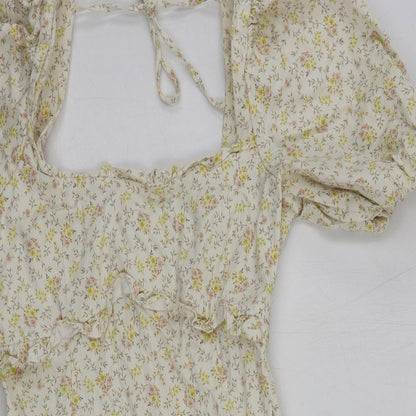 Topshop Womens Beige Floral Cotton Mini Size 10 Square Neck Zip - Puff Sleeve