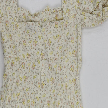 Topshop Womens Beige Floral Cotton Mini Size 10 Square Neck Zip - Puff Sleeve