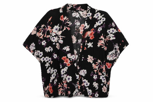 Front view of h7M women’s black floral viscose kimono blouse, size S, v-neck - open