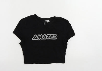 Divided by H&M Womens Black Cotton Cropped T-Shirt Size S Crew Neck - Amazed