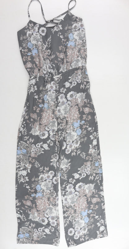 NEXT Womens Grey Floral Polyester Jumpsuit One-Piece Size 6 L29 in Zip - Pockets