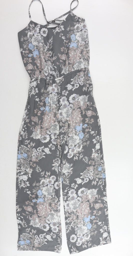 NEXT Womens Grey Floral Polyester Jumpsuit One-Piece Size 6 L29 in Zip - Pockets
