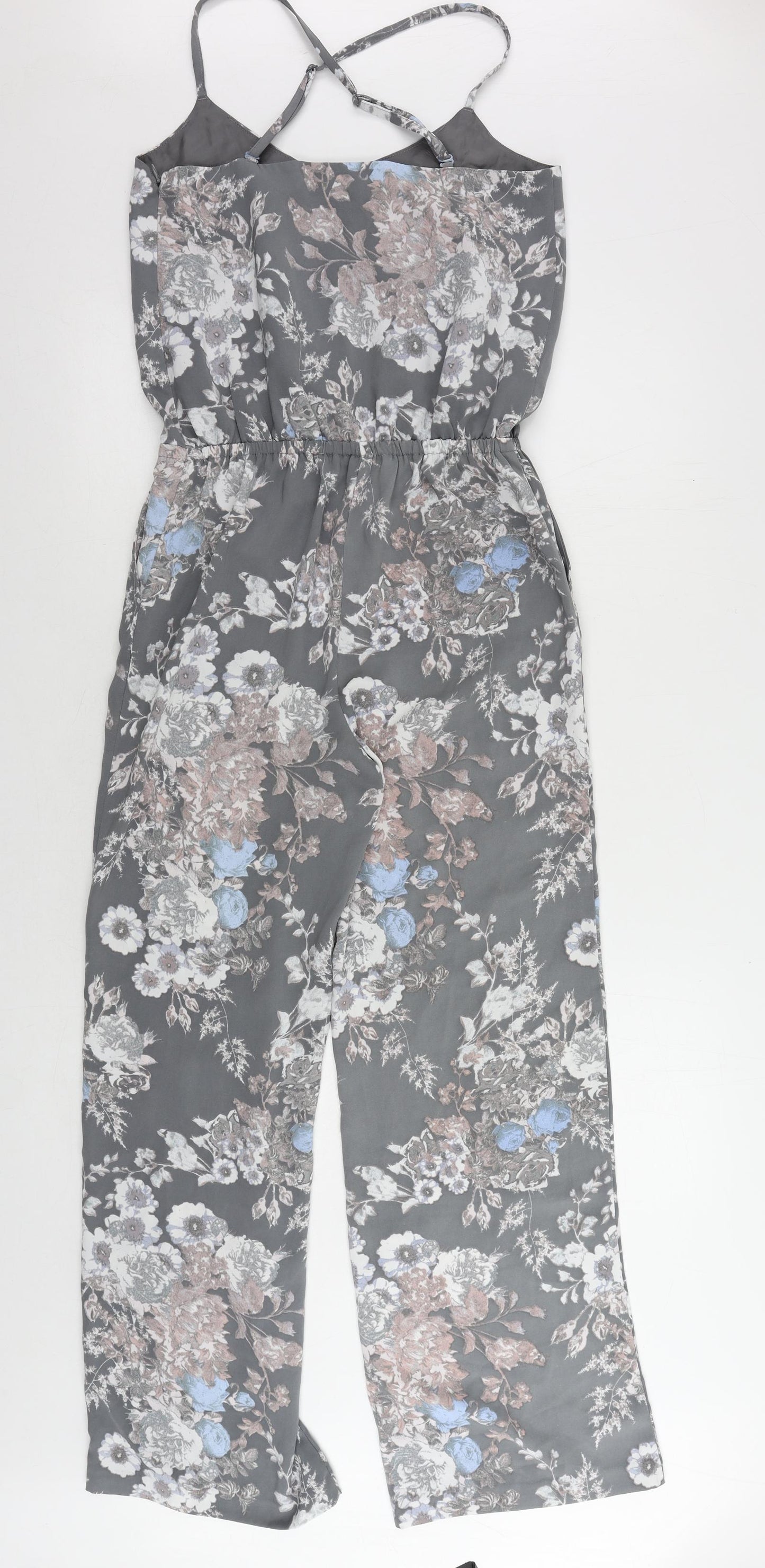 NEXT Womens Grey Floral Polyester Jumpsuit One-Piece Size 6 L29 in Zip - Pockets