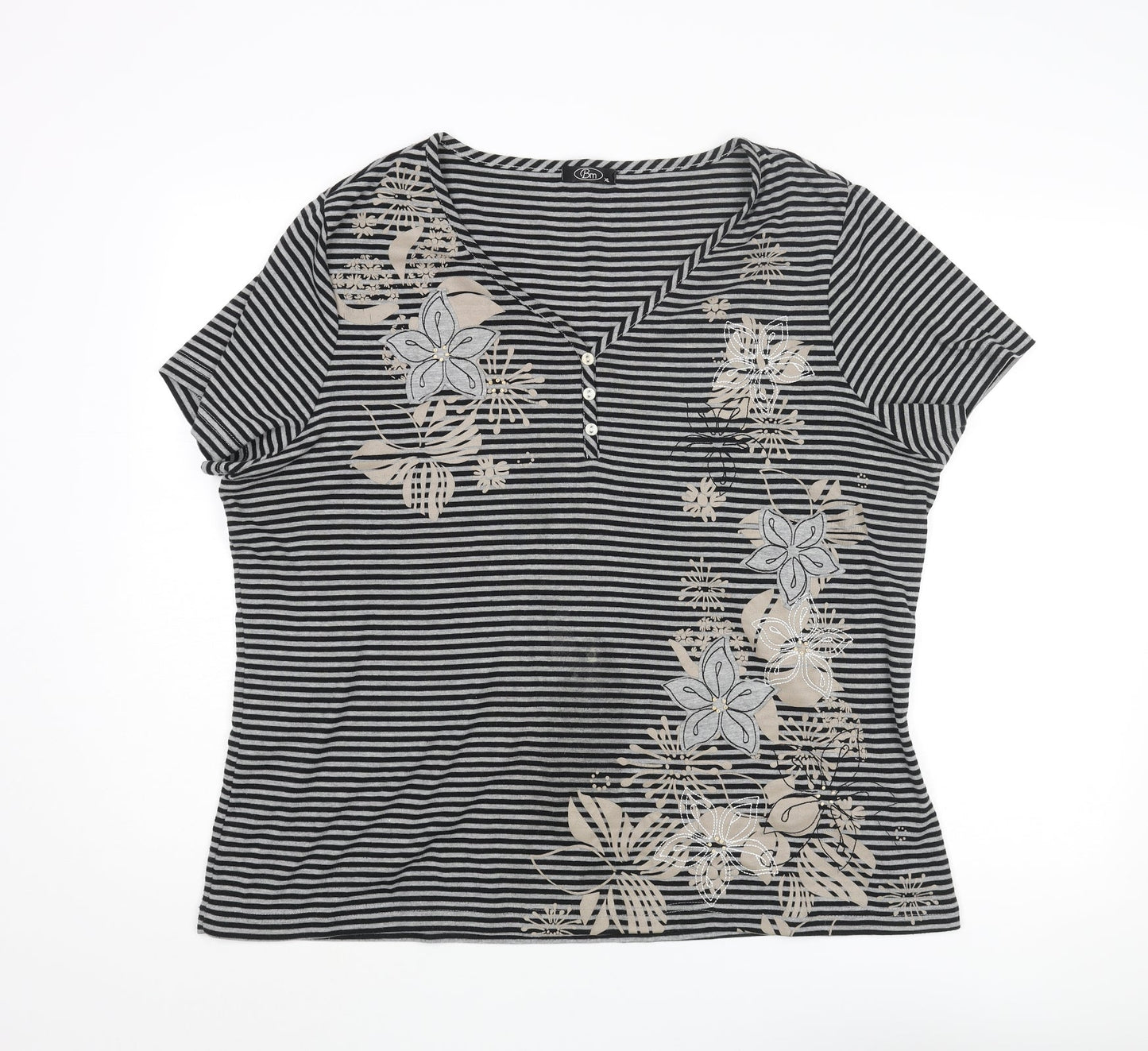 Bonmarché Womens Black Striped Polyester Basic Blouse Size XL V-Neck - Floral Applique Embroidery