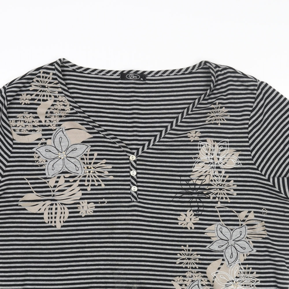 Bonmarché Womens Black Striped Polyester Basic Blouse Size XL V-Neck - Floral Applique Embroidery