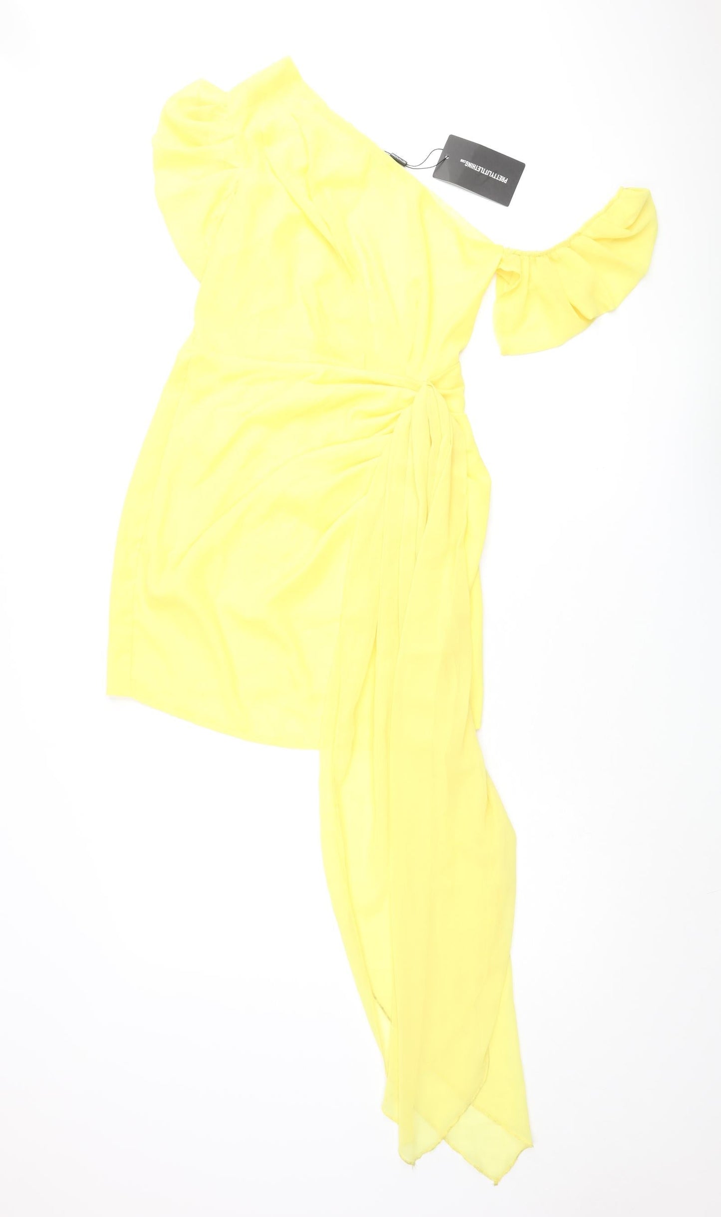 PRETTYLITTLETHING Womens Yellow Polyester Mini Size 10 One Shoulder Zip - Pleated