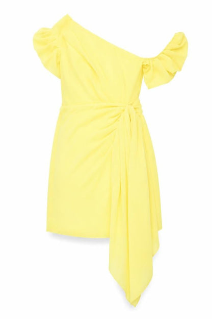 PRETTYLITTLETHING Womens Yellow Polyester Mini Size 10 One Shoulder Zip - Pleated