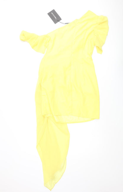 PRETTYLITTLETHING Womens Yellow Polyester Mini Size 10 One Shoulder Zip - Pleated