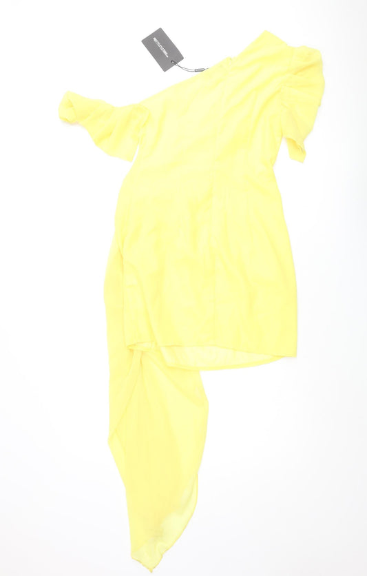 PRETTYLITTLETHING Womens Yellow Polyester Mini Size 10 One Shoulder Zip - Pleated