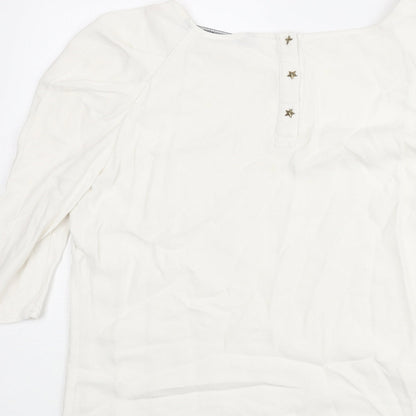 Zara Womens Ivory Viscose Basic Blouse Size L Round Neck - Star Button