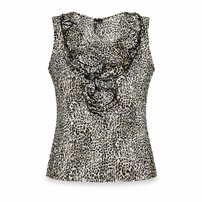 Milano Womens Beige Animal Print Polyester Basic Blouse Size M V-Neck - Leopard Print Frill