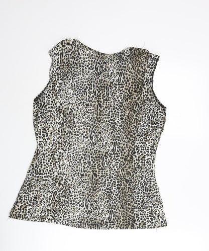 Milano Womens Beige Animal Print Polyester Basic Blouse Size M V-Neck - Leopard Print Frill