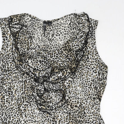 Milano Womens Beige Animal Print Polyester Basic Blouse Size M V-Neck - Leopard Print Frill