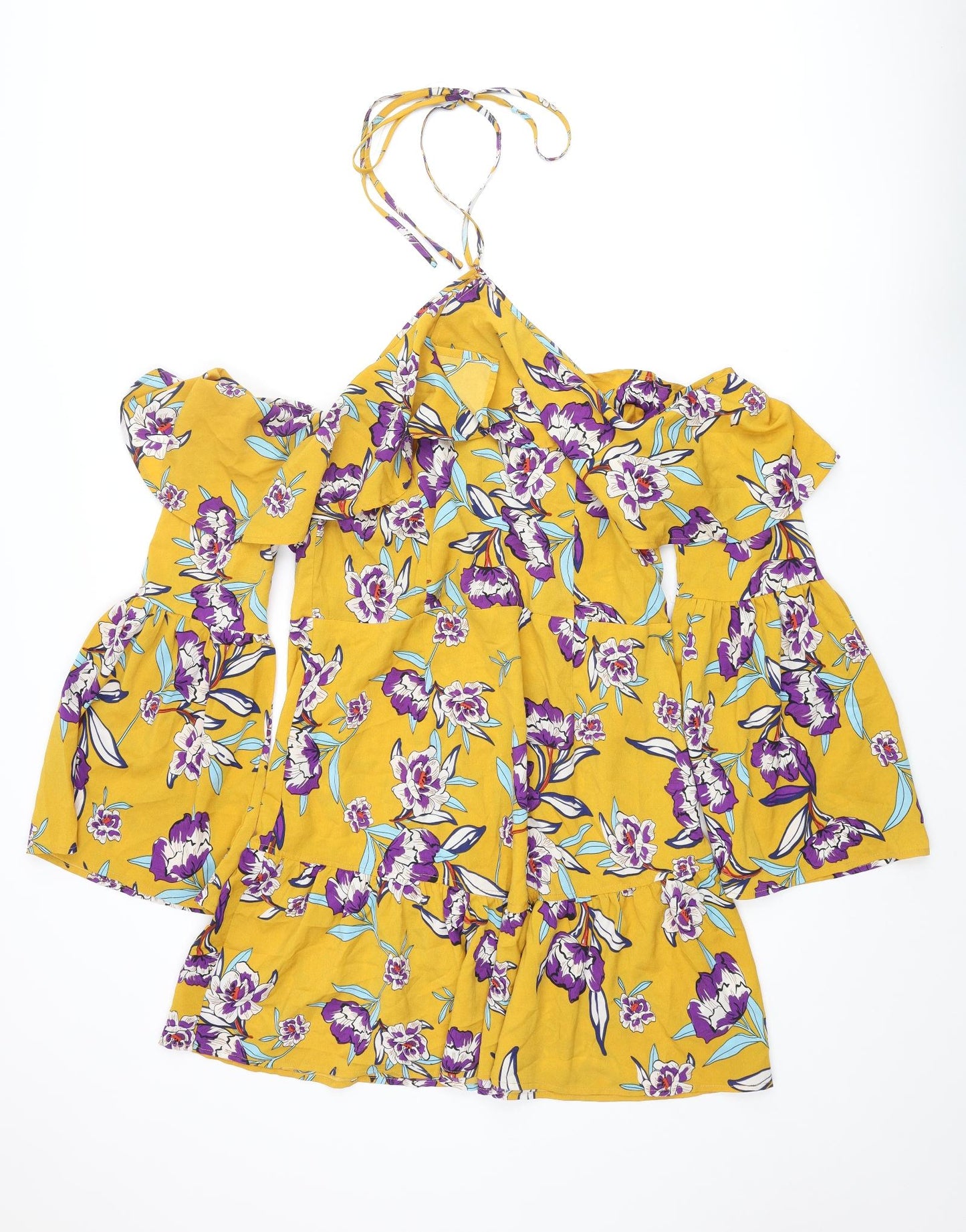 PRETTYLITTLETHING Womens Yellow Floral Polyester Shift Size 16 Halter Zip - Cold Shoulder Frill