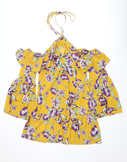 PRETTYLITTLETHING Womens Yellow Floral Polyester Shift Size 16 Halter Zip - Cold Shoulder Frill
