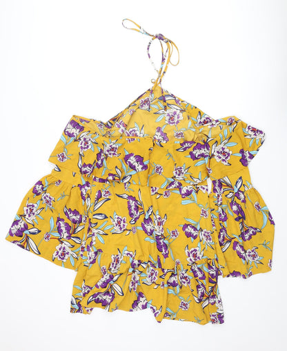 PRETTYLITTLETHING Womens Yellow Floral Polyester Shift Size 16 Halter Zip - Cold Shoulder Frill