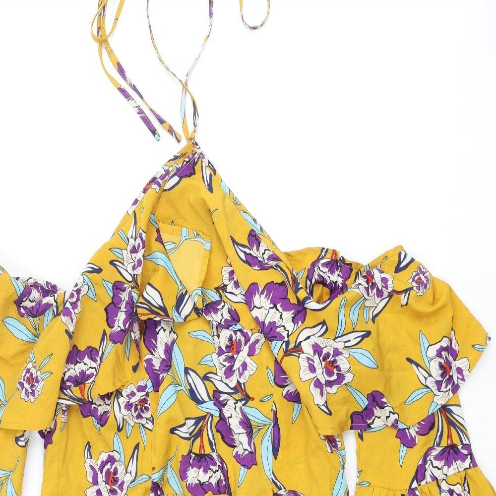 PRETTYLITTLETHING Womens Yellow Floral Polyester Shift Size 16 Halter Zip - Cold Shoulder Frill