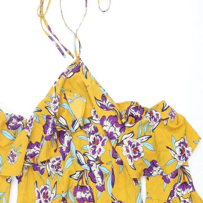 PRETTYLITTLETHING Womens Yellow Floral Polyester Shift Size 16 Halter Zip - Cold Shoulder Frill