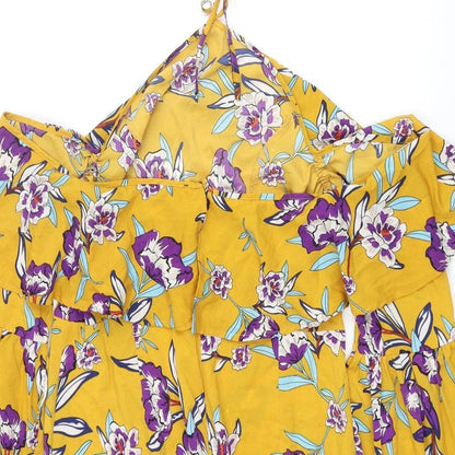 PRETTYLITTLETHING Womens Yellow Floral Polyester Shift Size 16 Halter Zip - Cold Shoulder Frill