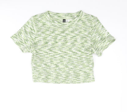 Divided by H&M Womens Green Geometric Polyester Cropped T-Shirt Size S Round Neck
