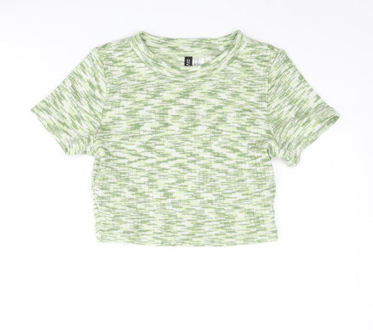 Divided by H&M Womens Green Geometric Polyester Cropped T-Shirt Size S Round Neck