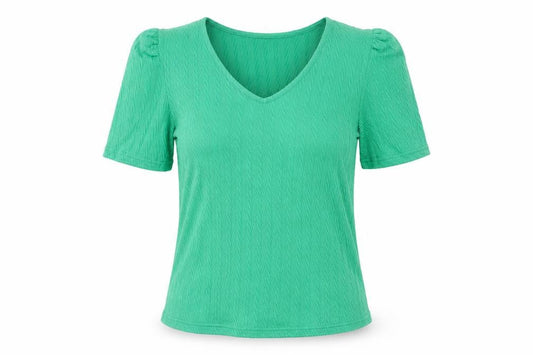 Front view of b.young women’s green polyester basic blouse, size M, v-neck