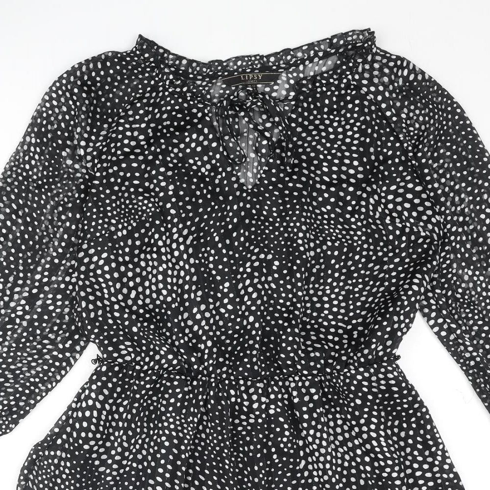 Lipsy Womens Black Polka Dot Polyester A-Line Size 12 V-Neck Tie - Frill Bow