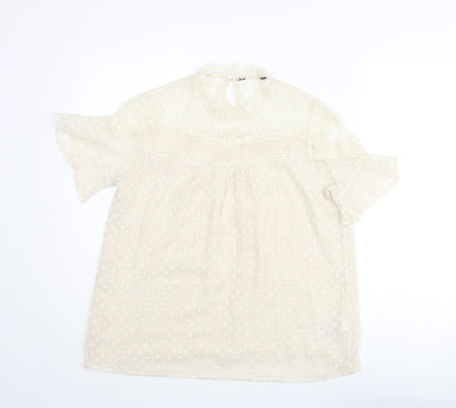 New Look Womens Ivory Polyester Basic Blouse Size 12 Mock Neck - Lace Detail