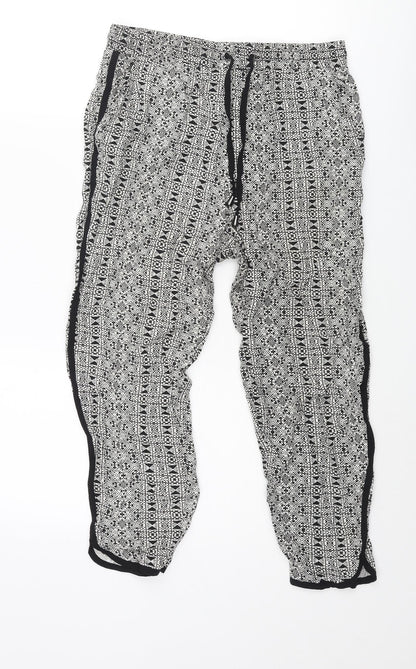 New Look Womens Black Geometric Viscose Trousers Size 8 L23 in Regular Drawstring - Taped Sides
