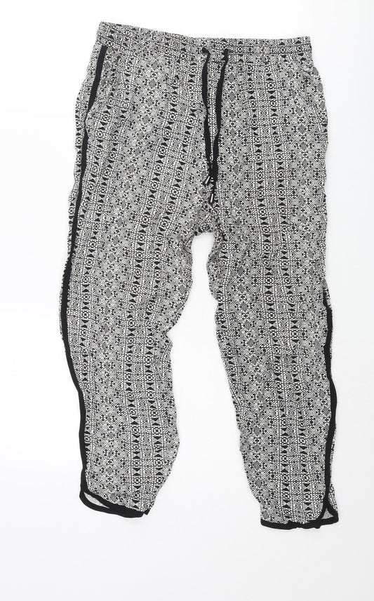 New Look Womens Black Geometric Viscose Trousers Size 8 L23 in Regular Drawstring - Taped Sides