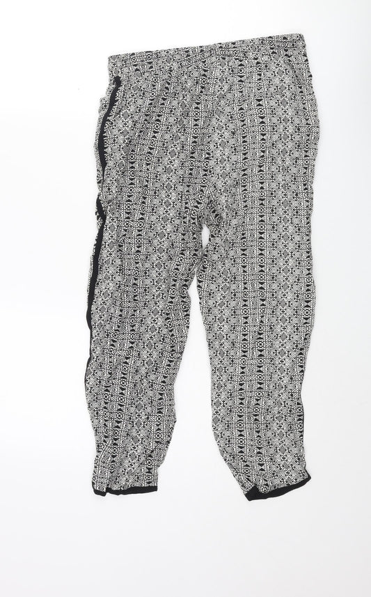 New Look Womens Black Geometric Viscose Trousers Size 8 L23 in Regular Drawstring - Taped Sides