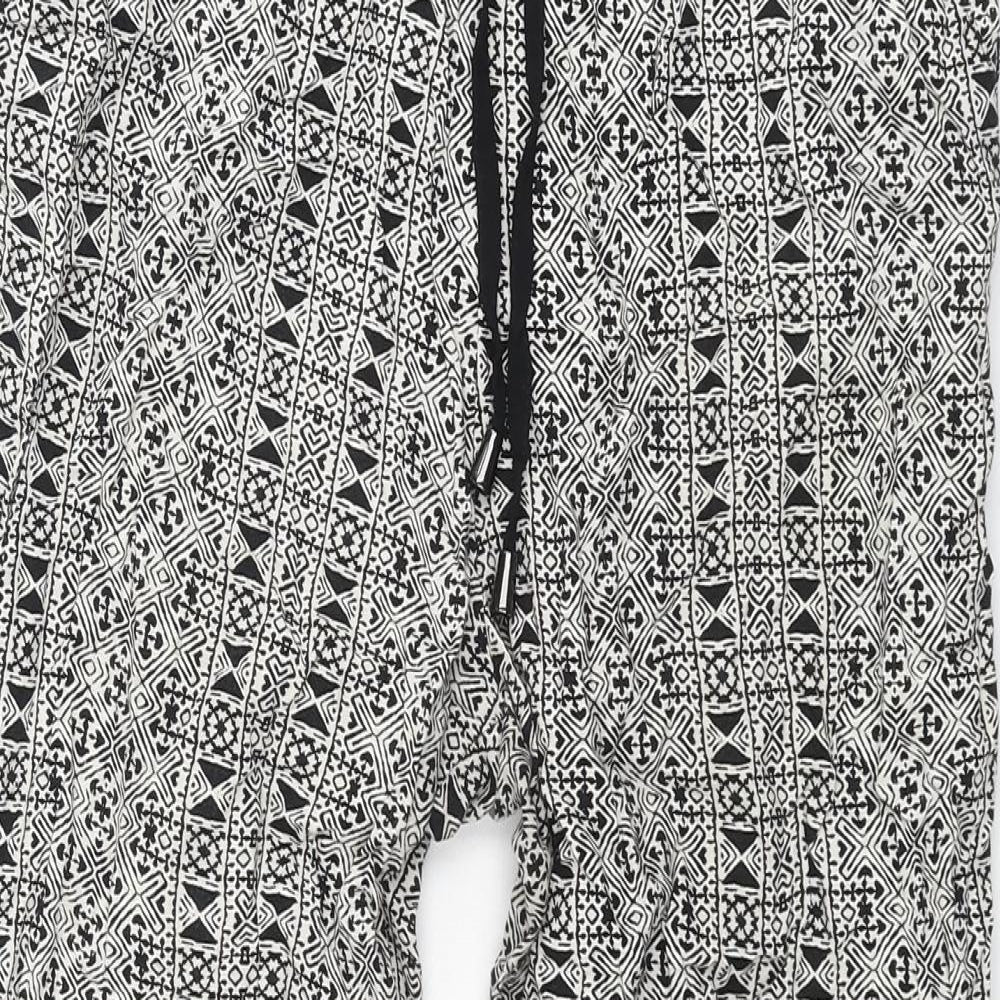 New Look Womens Black Geometric Viscose Trousers Size 8 L23 in Regular Drawstring - Taped Sides
