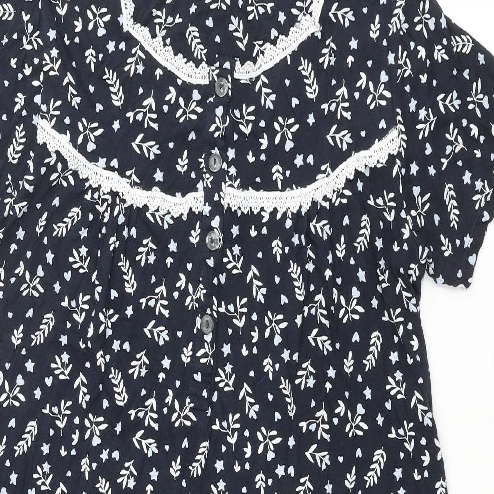 Arista Womens Blue Floral Cotton Cami Dress Size 8 Button - Lace Trim Button Size 8-10