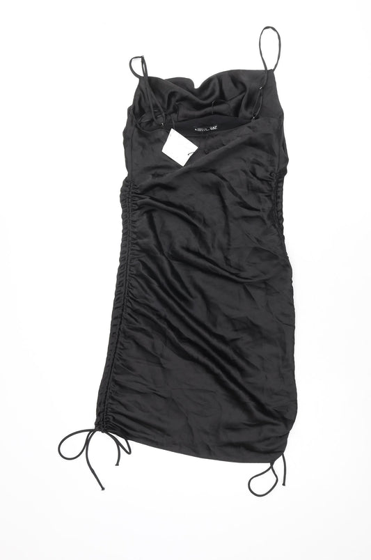 Zara Womens Black Polyacrylate Fibre Slip Dress Size XS Cowl Neck Pullover - Adjustable Hem Drawstring