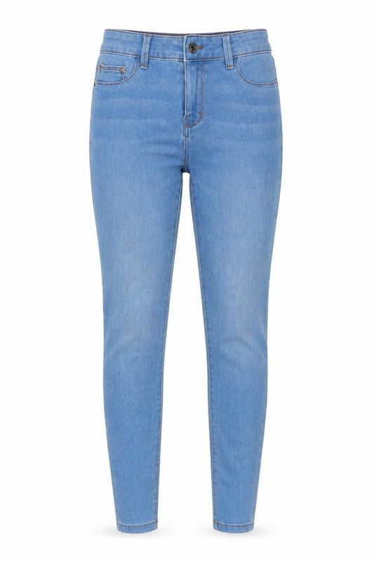 Front view of Denim & Co. women’s blue cotton jegging jeans, size UK 6, 28-inch leg regular button