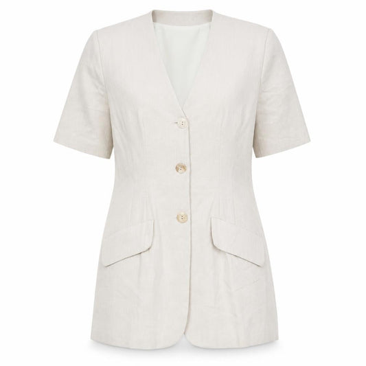 Stop Press Womens Beige Polyester Basic Button-Up Size 10 V-Neck