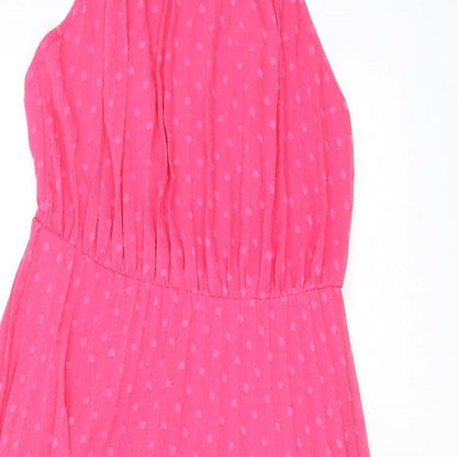 ASOS Womens Pink Polka Dot Polyester A-Line Size 10 Halter Zip - Open Back
