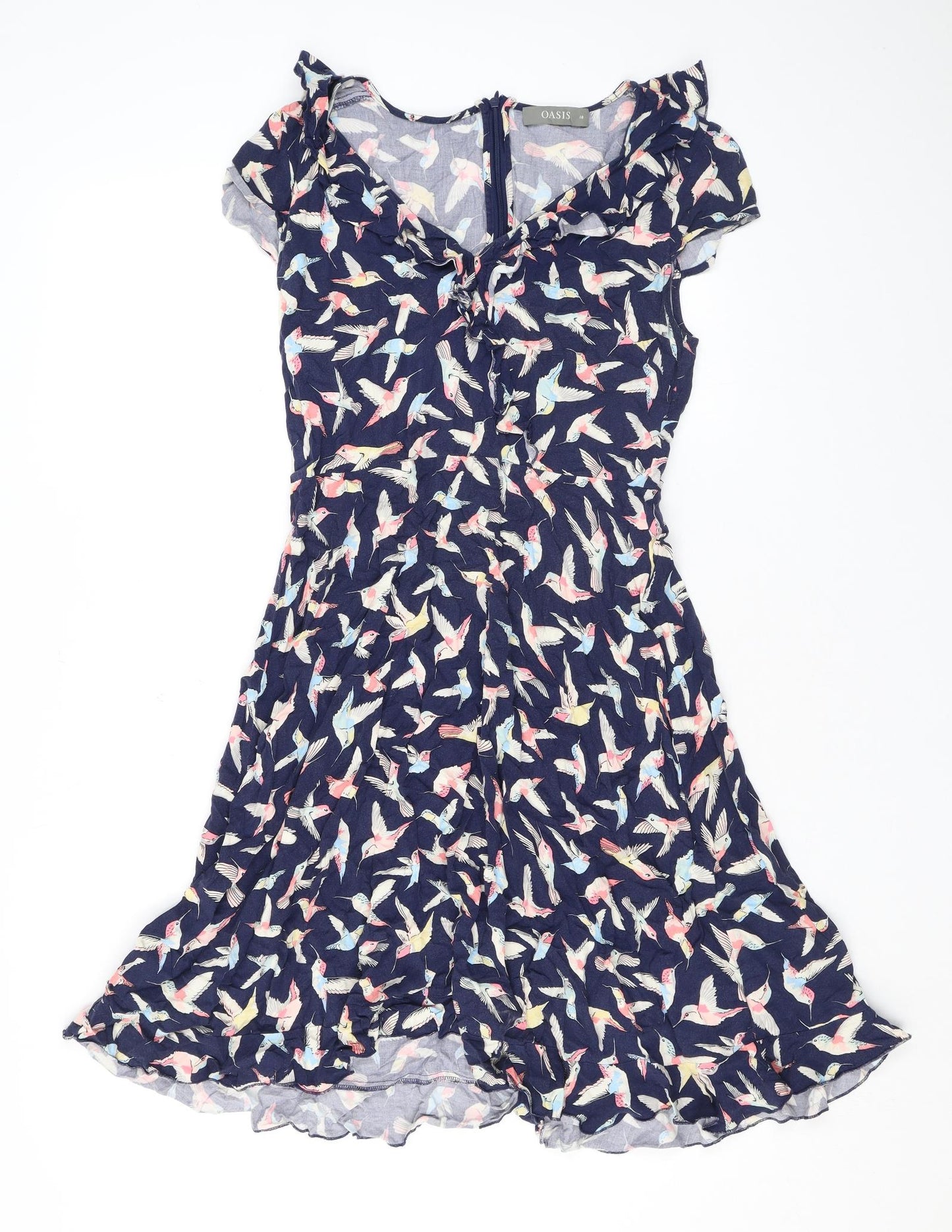 Oasis Womens Blue Geometric Viscose Mini Size 10 V-Neck Zip - Birds