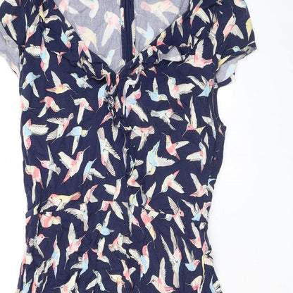 Oasis Womens Blue Geometric Viscose Mini Size 10 V-Neck Zip - Birds