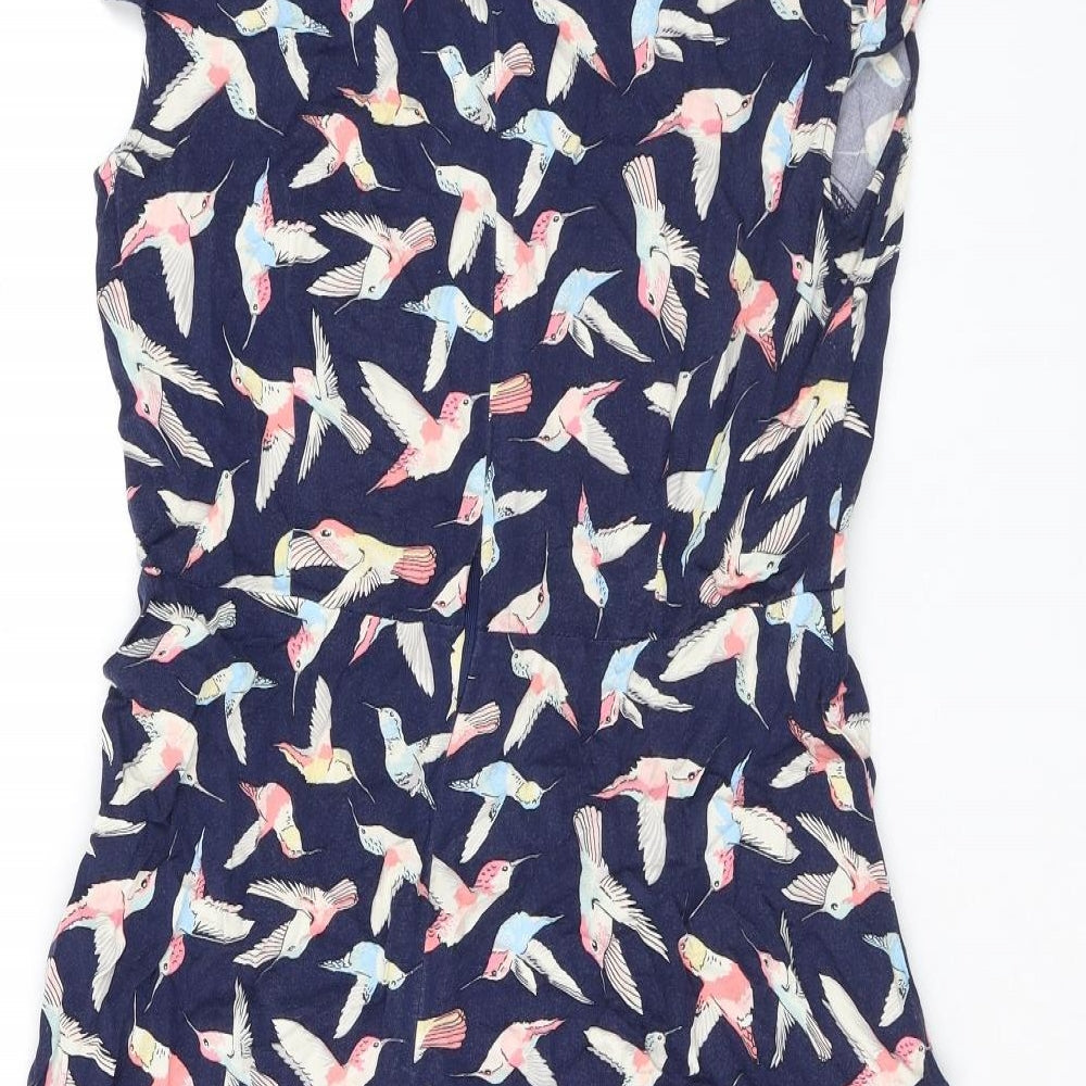 Oasis Womens Blue Geometric Viscose Mini Size 10 V-Neck Zip - Birds