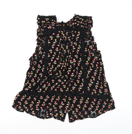 Topshop Womens Black Floral Viscose Basic Tank Size 8 Mock Neck