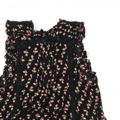 Topshop Womens Black Floral Viscose Basic Tank Size 8 Mock Neck
