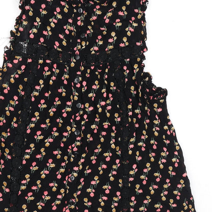 Topshop Womens Black Floral Viscose Basic Tank Size 8 Mock Neck