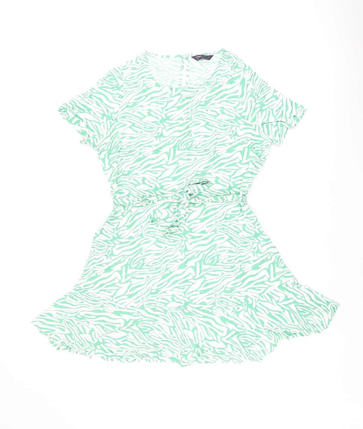 Marks and Spencer Womens Green Animal Print Viscose Skater Dress Size 12 Round Neck Button - Zebra Print, Belted
