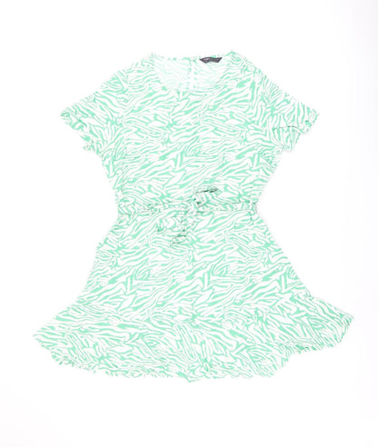 Marks and Spencer Womens Green Animal Print Viscose Skater Dress Size 12 Round Neck Button - Zebra Print, Belted